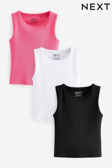 Črno-bela-roza - Komplet 3 škatlastih rebrastih majic brez rokavov (3–16 let) (Q89379) | €10 - €18