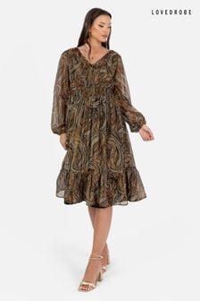 Lovedrobe棕色印花細褶腰身中版連身裙 (Q89465) | NT$2,570