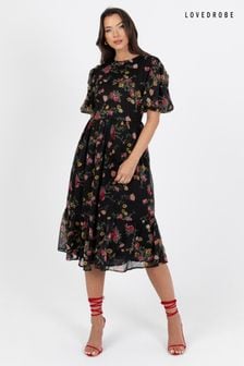 Lovedrobe Floral Print Puff Sleeve Black Midi Dress (Q89471) | LEI 358