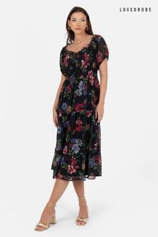 Lovedrobe Floral Print Sweetheart Neck Black Midi Dress (Q89473) | €31
