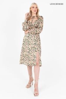 Lovedrobe 綠色印花扭褶繫帶緞面中長連身裙 (Q89477) | NT$3,500