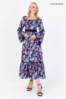 Lovedrobe Blue Print Lace Trimmed Satin Midaxi Dress