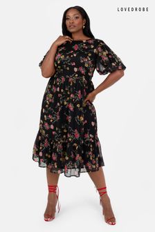 Lovedrobe Floral Print Puff Sleeve Black Midi Dress (Q89491) | SGD 116