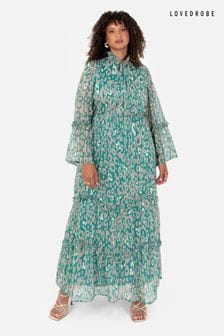 Lovedrobe Green Animal Print Tie Neck Maxi Dress (Q89492) | AED329