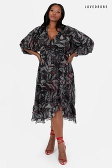 Lovedrobe Printed Ruffle Detail Black Midi Dress (Q89494) | $105
