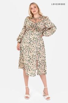Lovedrobe 綠色印花扭褶繫帶緞面中長連身裙 (Q89509) | NT$3,500