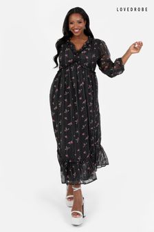 Črna srednje dolga obleka s cvetličnim potiskom in naborki Lovedrobe (Q89515) | €27