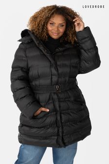 Lovedrobe Belted Padded Coat with Faux Fur Trim Hood