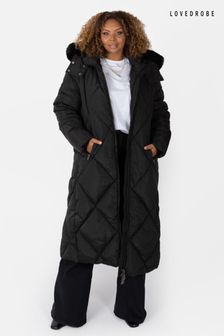 Longline Padded Coat with Faux Fur Trim Removable Hood
