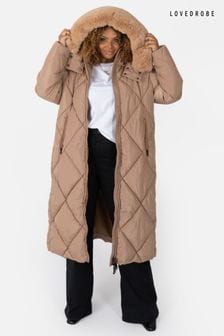 棕色 - 長款夾棉大衣附人造皮毛飾邊可拆式連帽上衣 (Q89570) | NT$4,200