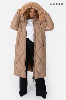 Longline Padded Coat with Faux Fur Trim Removable Hood