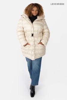 Crem - Lovedrobe Belted Padded Coat With Faux Fur Trim Hood (Q89596) | 537 LEI