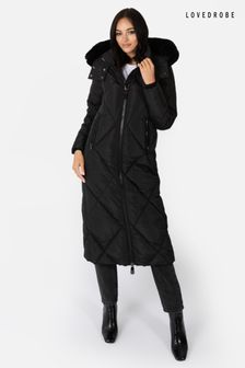 Longline Padded Coat with Faux Fur Trim Removable Hood (Q89631) | $198