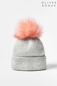 Oliver Bonas Grey Marl Stitch Pom Knitted Beanie Hat