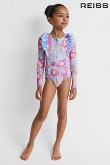 Reiss Pink Poppy Senior Floral Print Ruffle Long Sleeve Swimsuit (Q89852) | 368 QAR