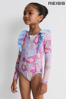 Reiss Pink Poppy Junior Floral Print Ruffle Long Sleeve Swimsuit (Q89870) | €69