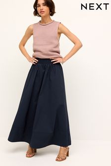 Navy Poplin Midi Shirred Waist Skirt (Q90053) | 165 SAR