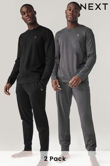 Black/Grey Long Sleeve Cuffed Pyjamas 2 Pack (Q90117) | $61