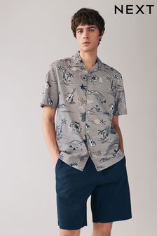 Szary - Printed Floral Short Sleeve Shirt With Cuban Collar (Q90156) | 180 zł