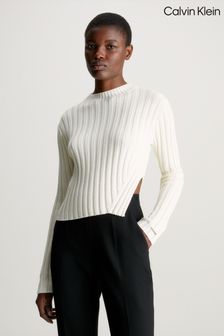 Calvin Klein Cotton Blend Split White Sweater