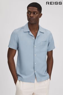 Reiss China Blue Tokyo Cuban Collar Button-Through Shirt (Q90449) | $140