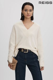 Reiss Ivory Seren Oversized Wool Cashmere V-Neck Jumper (Q90743) | 227 €