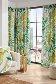 Green Overscale Tropical Leaf Eyelet Lined Curtains