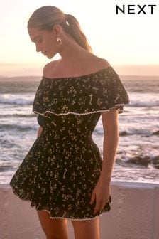 Black Ditsy Off Shoulder Summer Skort Dress (Q90772) | SGD 59