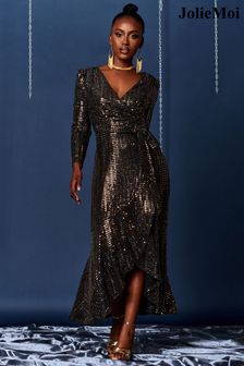 Jolie Moi Gold Sparkly Wrap Frill Hem Maxi Dress (Q90900) | €46