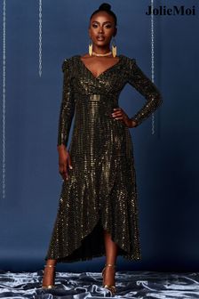 Jolie Moi Gold Sparkly Glitter Wrap Flare Maxi Dress (Q90904) | €51