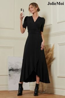 Jolie Moi Black Wrap Front Frill Hem Maxi Dress (Q90908) | AED438
