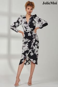 Jolie Moi Black Print Satin Wrap Bodycon Dress (Q90921) | €80
