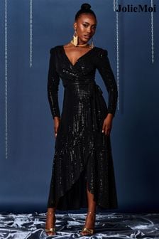 Czarny sukienka kopertowa maxi Jolie Moi Sparkly z falbanami u dołu (Q90924) | 245 zł