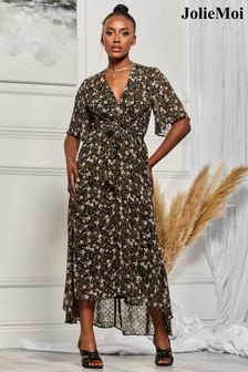 Черное платье макси с запахом, завязкой спереди и расклешенными рукавами Jolie Moi (Q90938) | €47