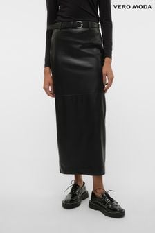 VERO MODA Black Faux Leather Belted Maxi Skirt (Q90950) | $60