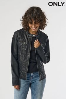 ONLY Black Petite Collarless Faux Leather Biker Jacket (Q90952) | ₪ 177