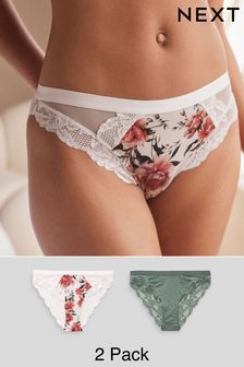 Red Floral Print/Green Lace Trim High Leg Knickers 2 Pack (Q91011) | ₪ 60