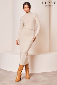 Crème - Lipsy robe pull mi-longue Coloumn à col montant et ceinture (Q91016) | €45