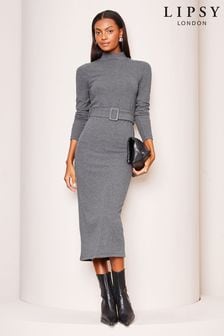 Lipsy Grey Cosy Belted High Neck Coloumn Midi Jumper Dress (Q91019) | AED92