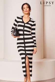 Lipsy Black/White Stripe Cosy Button Through Midi Cardigan Dress (Q91021) | NT$1,710