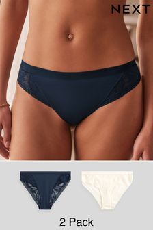 Navy Blue/Cream High Leg Microfibre & Lace Knickers 2 Pack (Q91148) | €25