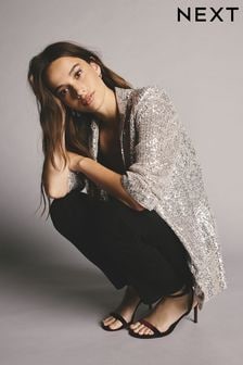 Silver Sequin Ruched Sleeve Blazer (Q91151) | $88