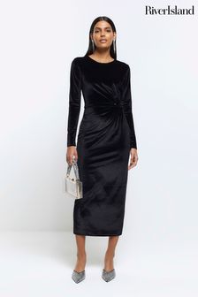 River Island Black Long Sleeves Twist Velvet Midi Dress (Q91180) | kr519