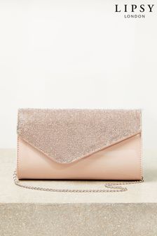 Lipsy Nude Pink Diamonte Asymmetric Foldover Chain Clutch Bag (Q91197) | €32