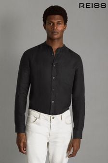 Reiss Black Ocean Linen Grandad Collar Shirt (Q91956) | 720 QAR