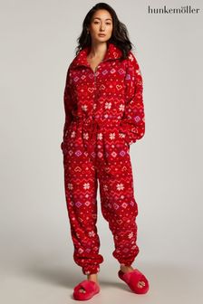Rotes Norwegermuster - Hunkemöller Pyjama-Einteiler aus Fleece mit RV-Kragen (Q91964) | 28 €
