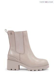 Tommy Hilfiger Cream Leather Mid Heel Boots