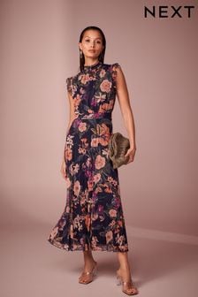 Navy Floral Print Pleated Mesh Floral Occasion Midi Dress (Q92439) | $104