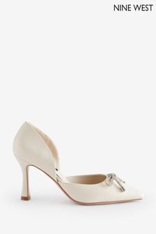Nine West Womens 'Mangie' Spool Heel Evening White Shoes with Bow Detail