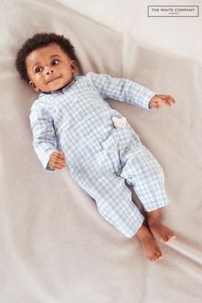 The White Company Organic Cotton Blue Gingham Sleepsuit With Bear